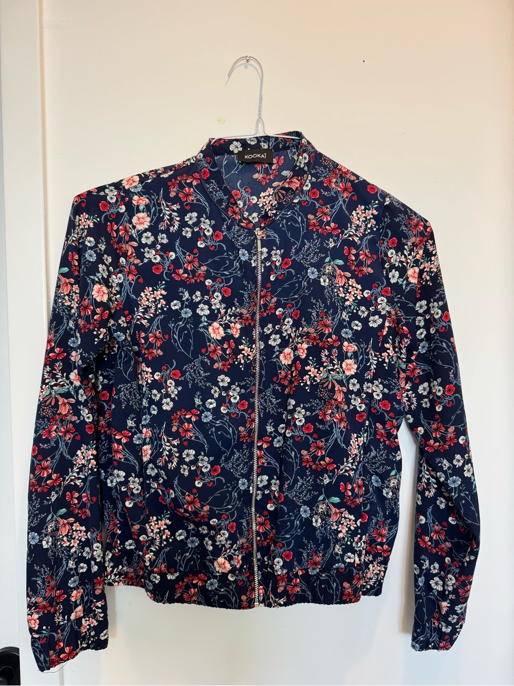 Kookai Navy Floral Zip-Up Bomber Jacket